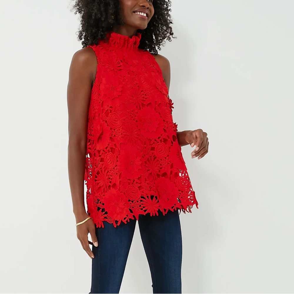 Red Lace Mock-Neck Sleeveless Top - Women